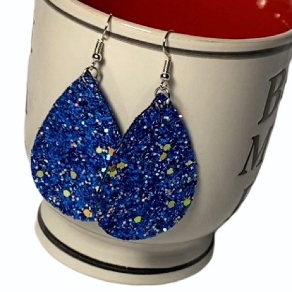 Jewelry - Glitter teardrop blue leather earrings